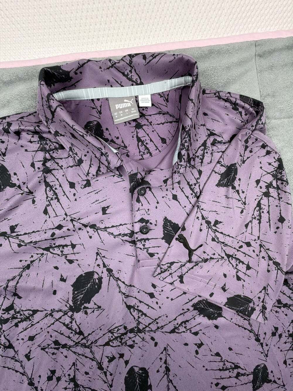 Puma Cloudspun Frequency Golf Polo Shirt Purple Black Leaf Print Men's Size M